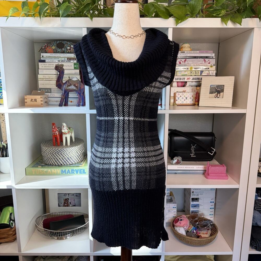 Vintage Y2K Say What Cowl Neck Plaid Bodycon Midi Sweater Dress Black Wms S